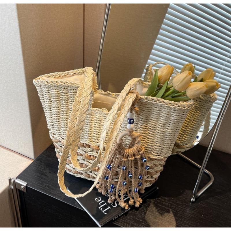 Gewebte Stroh-Umhängetasche Vielseitige große Tragetasche Hohl geflochtene Strohtasche Wellenmuster Sommer-Damentasche