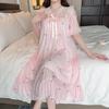 Linglei Summer Printing Color Lace Bow Mesh Court Princess Style Long Nightdress Pajamas Loungewear Women