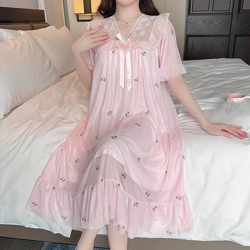 Linglei Summer Printing Color Lace Bow Mesh Court Princess Style Long Nightdress Pajamas Loungewear Women