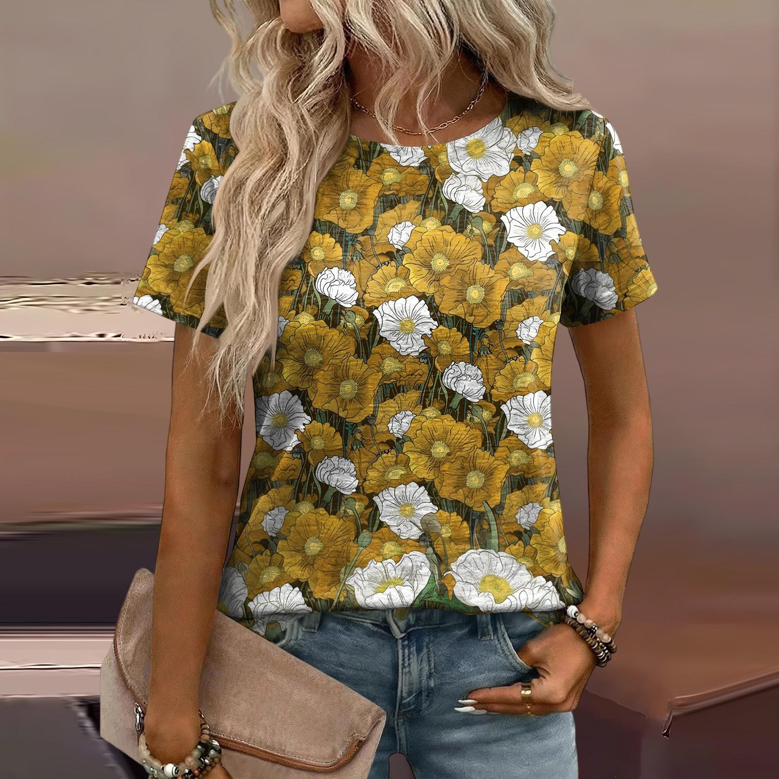 

Women’s Short Sleeve Crew Neck T Shirt with All Over Floral Print Casual Loose Fit Soft Lightweight Top for Daily Wear M жёлтый