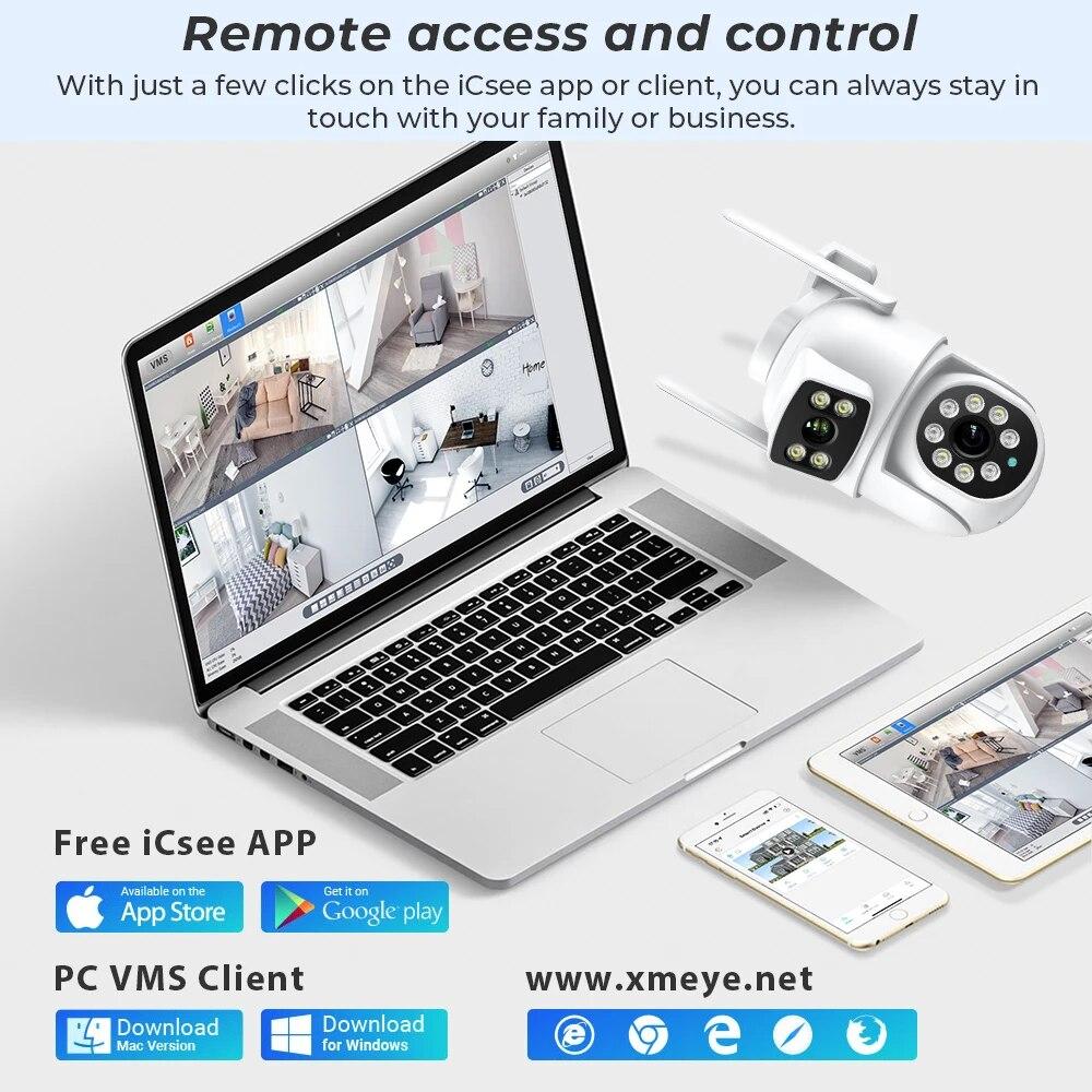 2024 Ny EU 4K 8MP PTZ WIFI-kamera Dubbla linser Dubbel skärm 4X digital zoom IP-kamera 4MP HD Automatisk spårning Utomhus CCTV-övervakning ICSee-app