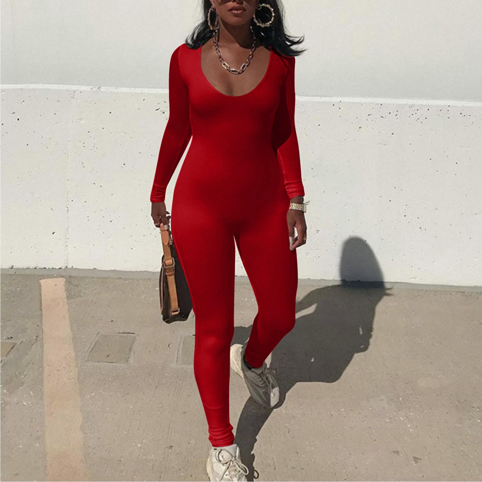 Женский комбинезон, однотонный сексуальный облегающий эластичный спортивный комбинезон с длинными рукавами XL красный