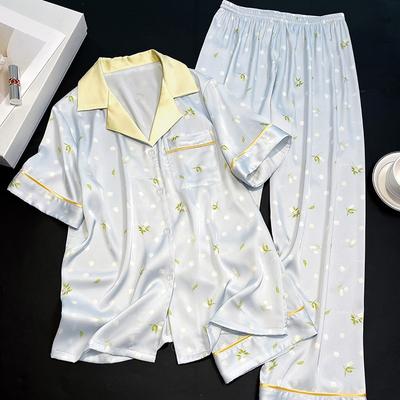 Spring And Summer Wind Floral Simulation Silk Pajamas Women'S Short-Sleeved Trousers Can Be Worn Outside Loungewear