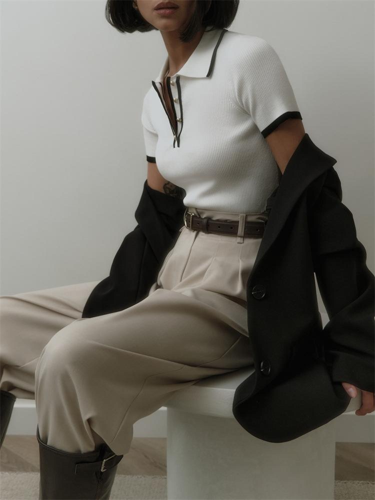 Pletený svetr pulovr dámský krátký rukáv patchwork slim klopa elegantní kontrastní pletenina top dámský úzký žebrovaný pulovr