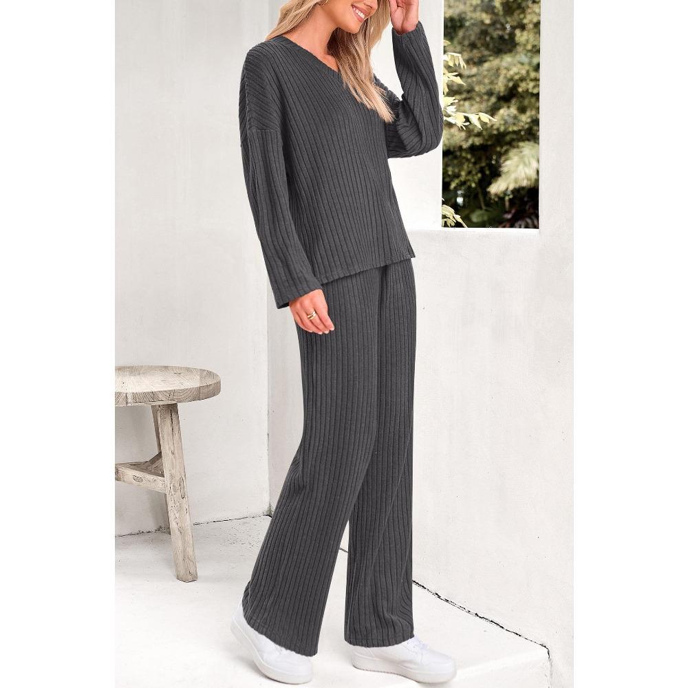 Women's Loose Knit Loungewear Set Long Sleeve V Neck Top Elastic Waist Wide Leg Pants