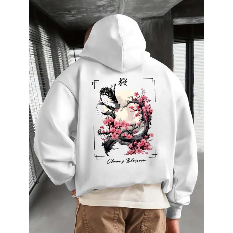 Men Vintage Hoodie Autumn Traditional Japanese Dragon Sakura Moon Frame Back Print Loose Asian Streetwear Pullover Sweatshirt