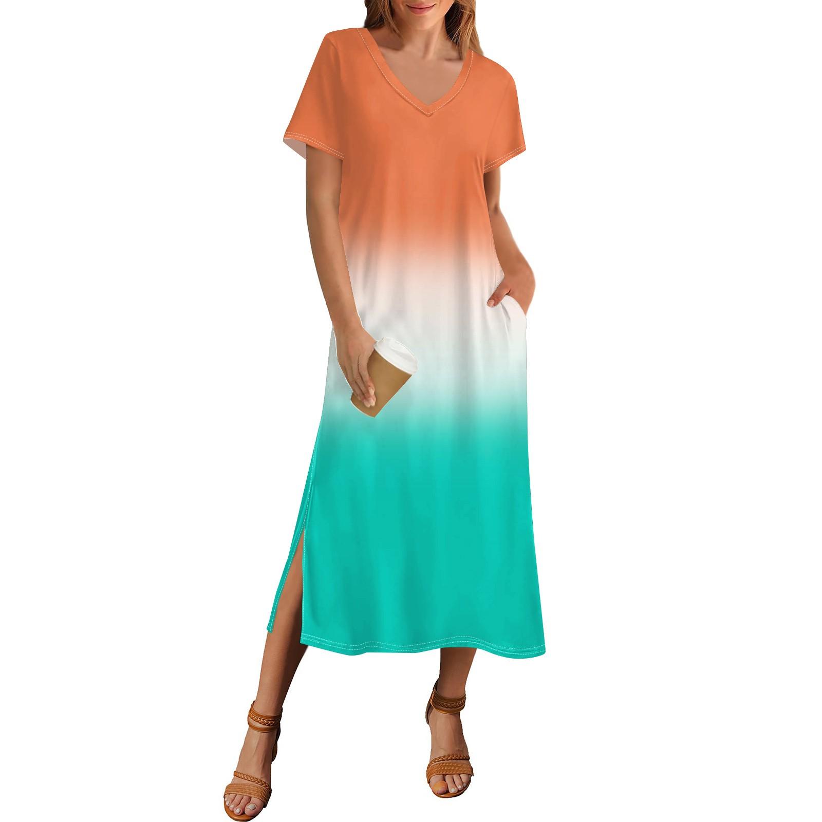 

Женское летнее платье с градиентным принтом, пляжное платье с коротким рукавом и карманом, повседневное платье с V-образным вырезом и боковыми разрезами XL шафрановый