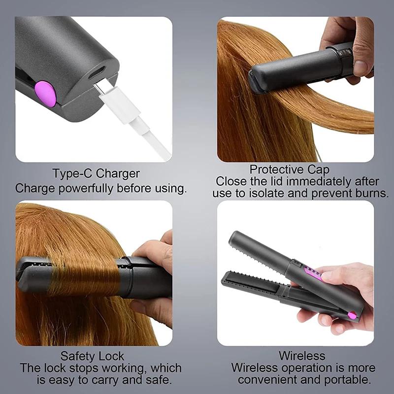 2-IN-1 Cordless Electric Heating Hair Straightener Rechargeable Travel  Double Use Straight Hair Straightener And Curling Iron