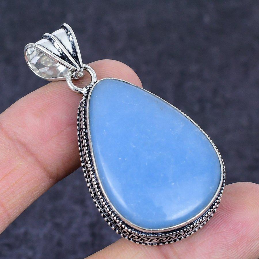 Angelite Stone Gemstone 925 Sterling Silver Jewelry Pendant 2.13"