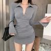 Spring new solid color polo collar button dress for women, Korean style sweet and spicy sexy waist-cinching inner with bodycon skirt