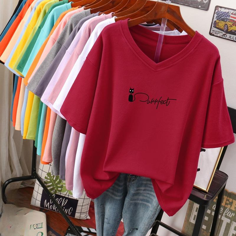 Short-sleeved T-shirt for Women, Large Size, Loose and Slimming, Printed V-neck Top