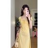 Yellow dress pure wind floral sweet slim temperament dress full lace square collar medium and long inner skirt