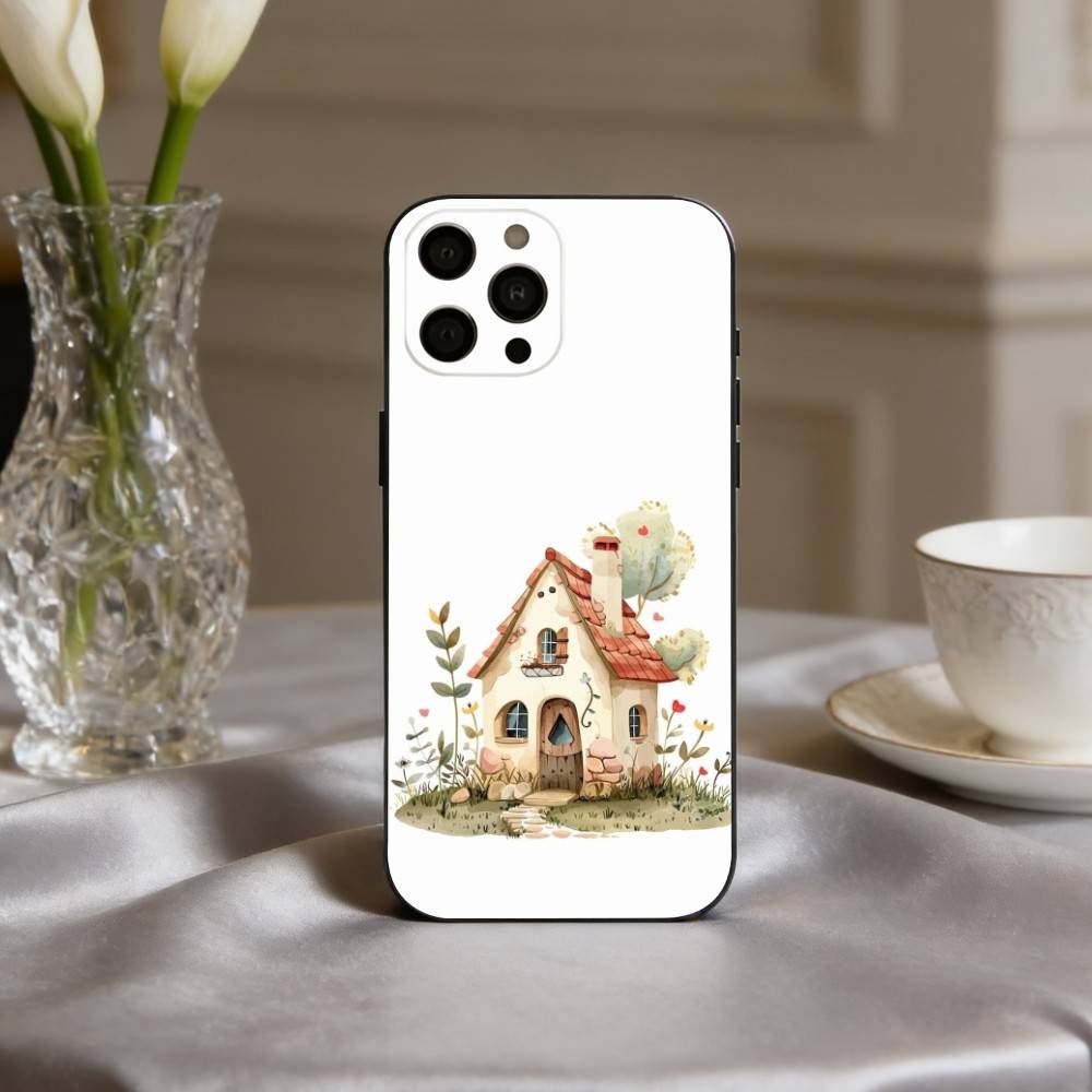 Cute Hand-painted Small House Cartoon Phone Case For iPhone 17,16,15,14,13,12,11 Plus,Pro Max,XS,Soft Silicone Black Cover