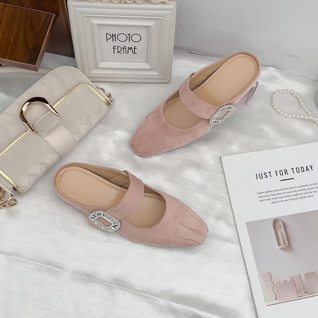 2025 French half-drag Muller single shoes women's inner heightening platform women's shoes temperament small square head folds Mary Jane shoes women