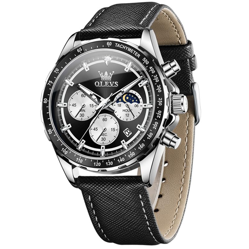 

OLEVS Quartz Moon Watch for Leather Black Men s Watch, Popular, Business, Student, Phase, Chronograph, Men, Gift, Luminous, Waterproof, Date, Bell,