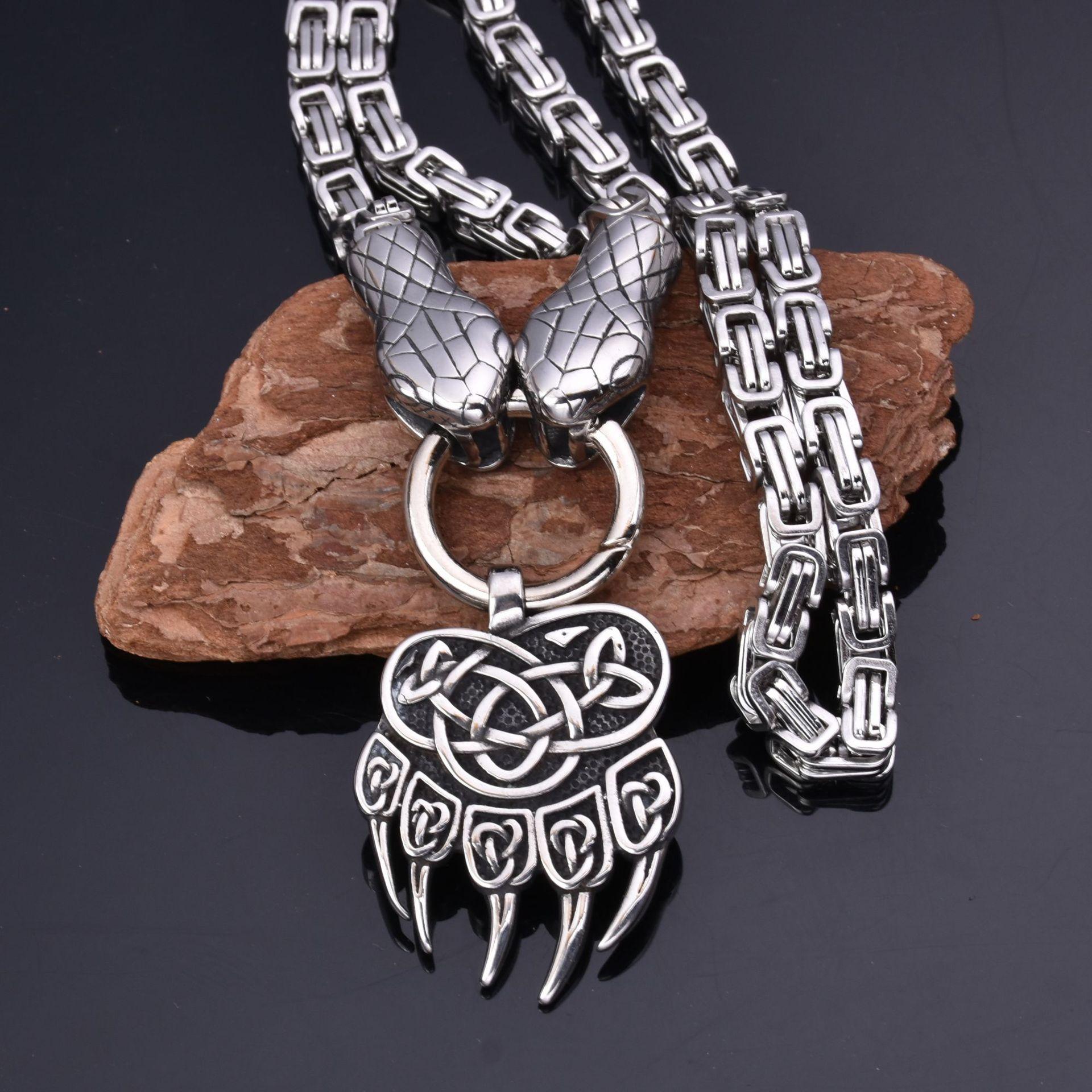 Nordic Stainless Steel Viking Snake Head Bear Claw Pendant Necklace Men s Jewelry Gift
