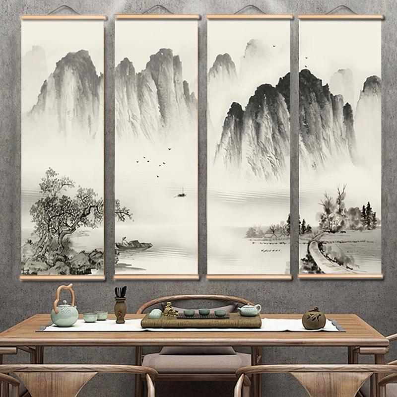 1PC/4PC Painting Chinese Style Ink Painting Alpine Canvas Decorative Solid Wood Scroll Paintings
