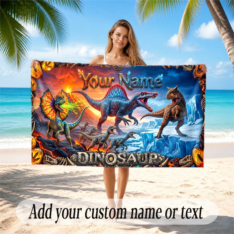 Dinosaur Theme Quick Dry Beach Towel Custom Name Text Print Large Sand Resistant Towel Beach Vacation