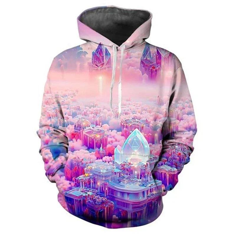 Fantasy Zamek 3D Męskie Bluzy Odzież Ubrania z Kapturem Drukowana Bluza z Chmurami Męska Damska Bluzy Casualowa Zabawna Wciągana