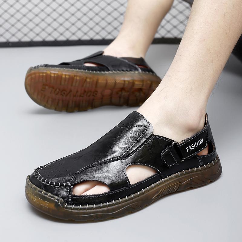 European Style Plus Size Leather Sandals Men Summer Casual Chunky Sole Anti-Slip Beach Shoes Breathable Versatile Design