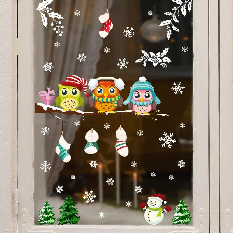 Branch Owl Snowflake Wall Sticker Christmas Glass Sticker Living Room Bedroom Window Decoration Wall Sticker