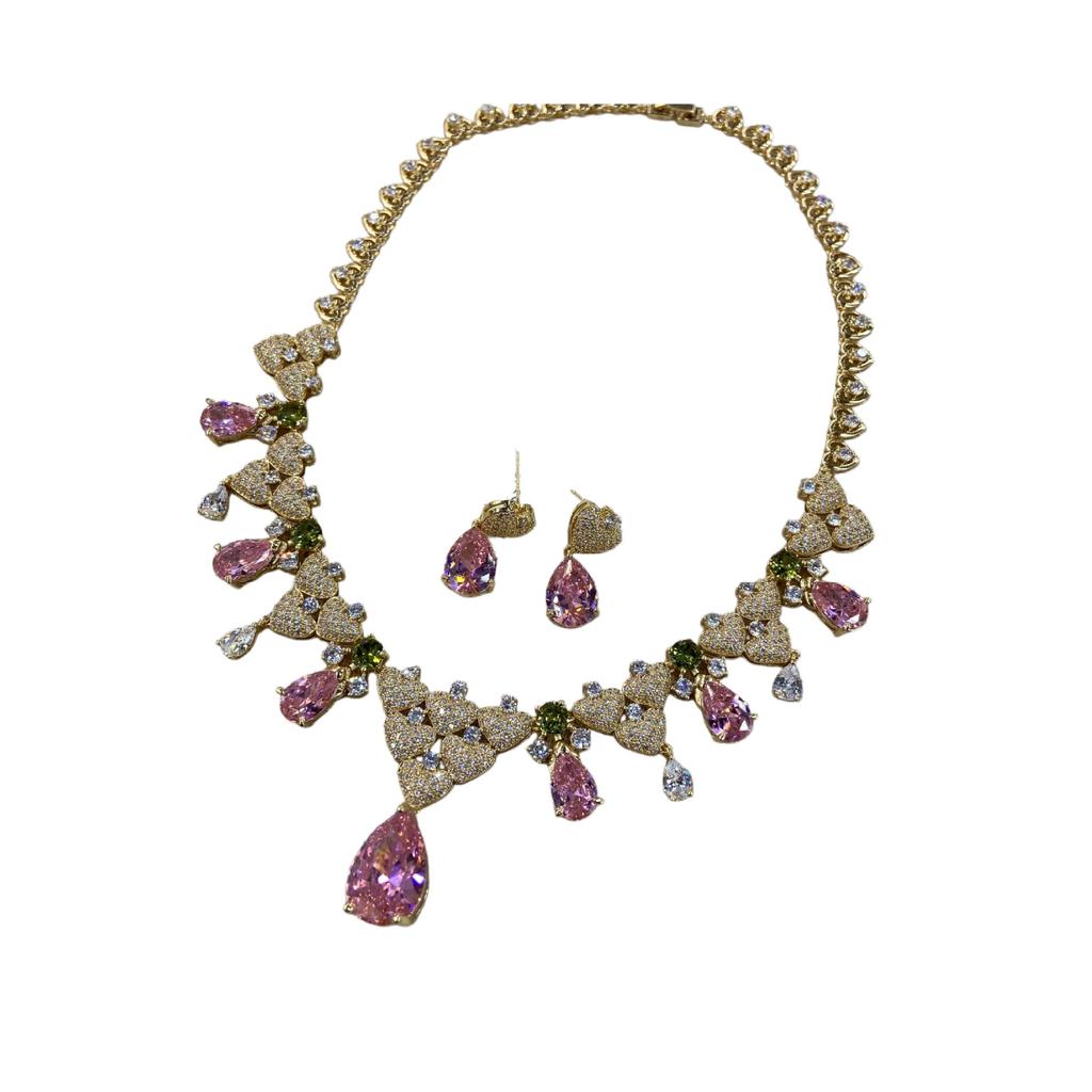 French Light Luxury Pink Zircon Flower Leaf Water Drop Zircon Necklace Earrings Set Heavy Industry Collarbone Chain