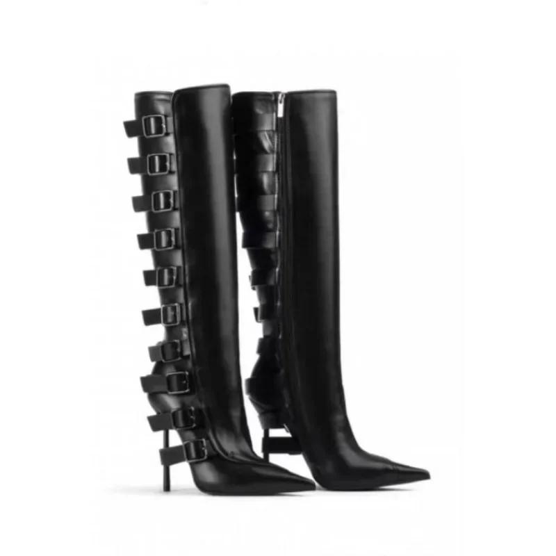 Fashion Brand Black Belt Buckle High Heels Knee High Boots Autumn Winter Women Fashion Pole Dance Pointed Solid Color Knight Boots 34-46