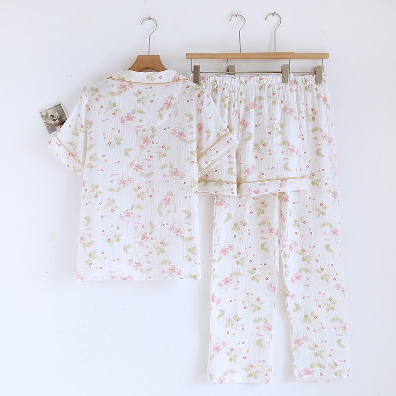 2026 New Spring/Summer Women's Pajama Set 100% Cotton Crepe Short Sleeve+Shorts+Pants 3-Piece Thin cardigan Home Clothes Ladies