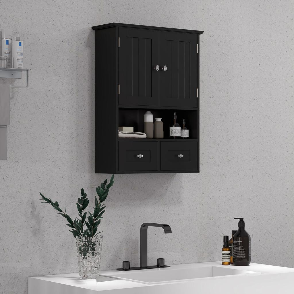 Bathroom Wall Cabinet, Vanity Unit, Doors, Shelf, 2 Drawers, 50.8 x 17.8 x 66 cm, Black