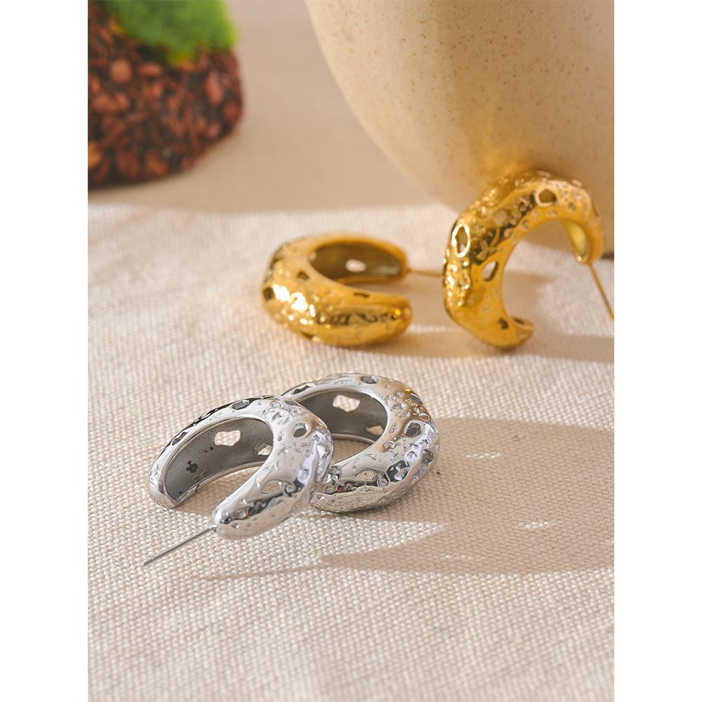 Yhpup 316L Hammer Stainless Steel Metal C-Shape Vintage Earrings Waterproof  Women 18K Gold Plated Attractive Statement  Jewelry