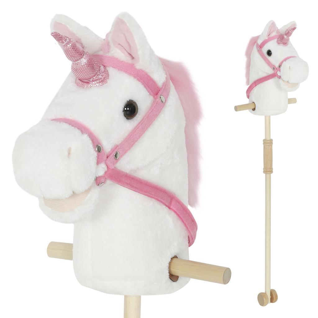 Unicorn Stick Horse with Wood Wheels, Real Pony Neighing and Galloping Sounds, Grip Handle, 95 cm, White