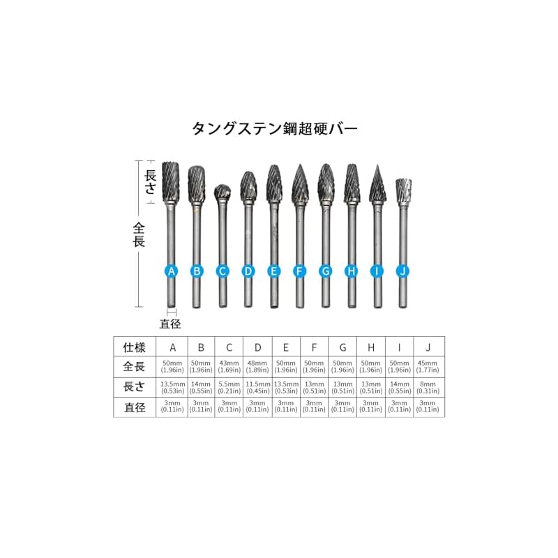 Carbide Burr Rotary Tool Bit Set, Tungsten, 3mm Shank, 6mm Blade Width, 10-Piece Set (50mm Length)