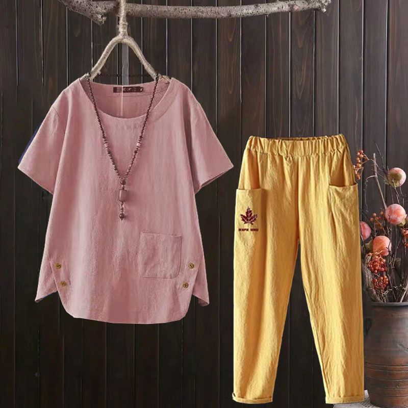 2pcs Cotton Linen Pants Suits Summer Women's Round Neck Cotton Linen Blouse Elastic Waist Cotton Linen Harem Pants Two-Piece Set Casual  Outfits