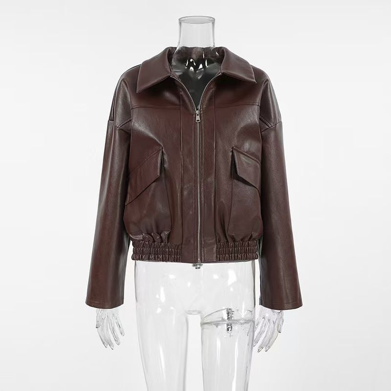 

Western Style New Fashion Loose Casual All-matching PU Leather Coat Jacket Loose Leather Jacket Dark brown L
