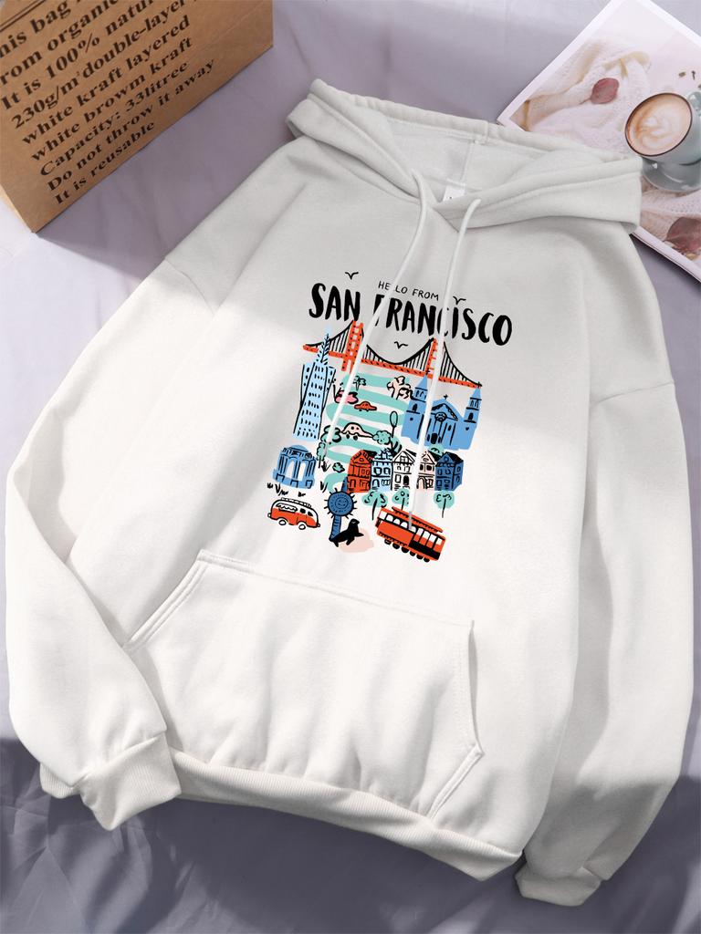 Hallo aus San Francisco Druck Hoodies Damen Street Locker Kapuzenpullover Basics Sportliches Sweatshirt Winter Fleece Warm Damen Sportbekleidung