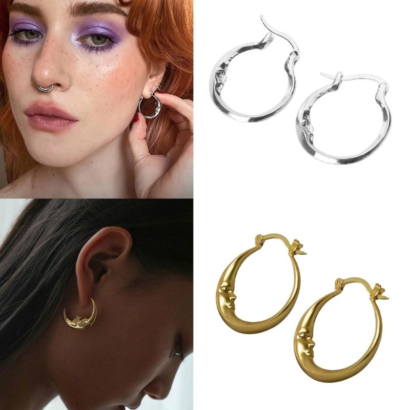 Alloy Elliptical Circle Earrings Edgy and Mysterious Moon Ear Studs Halloween Fashion Ear Adorment for Men Women