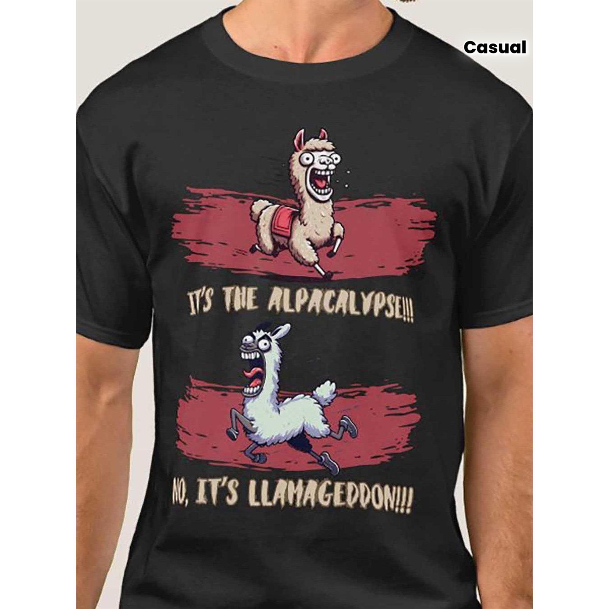 2026 New Laughing Alpaca Apocalypse Theme Tshirt Alpaca Apocalypse Arrives Running Alpaca Pattern Short Sleeve Shirt S