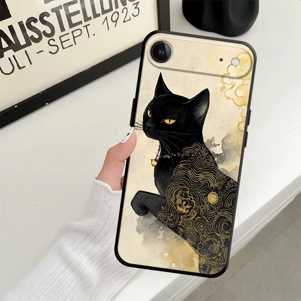 Retro Fox Cat Case for iPhone 17Air XS Max 13 12 11 17 Pro Max XR 7 8 15 16 14 Plus Black Soft Phone Cover