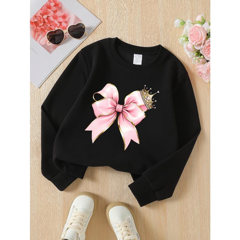 European sizes Girls' Soft Crewneck Sweatshirt, Pink Bow with Golden Crown & Cute Print, Casual All-Match, Ideal Holiday Present