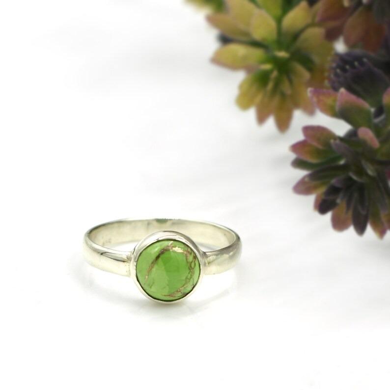 Green Copper Turquoise Round Gemstone Ring, Solid 925 Sterling Silver Ring, Handmade Jewelry, Statement Ring, Bezel Ring
