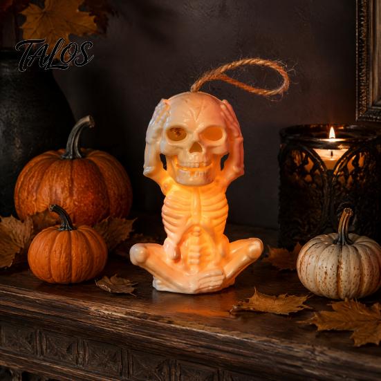 Hanging Skeleton Decor with Lanyard Halloween Decoration LED Light, Spooky Lighted Plastic Skull Party Table Centerpiece Ornament Rope for Haunted