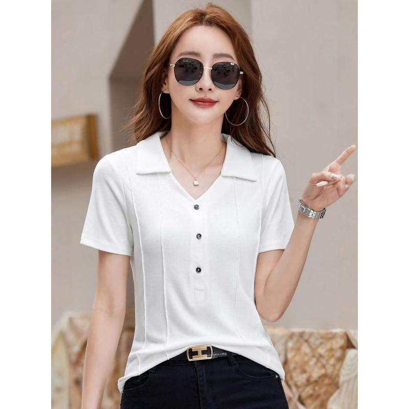 Summer Turn-Down Collar Short Sleeve Middle-Aged and Elderly Mom's Fashionable Slim-Fit Solid Color Plus Size Thin Shirt Top Women's T-Shirt