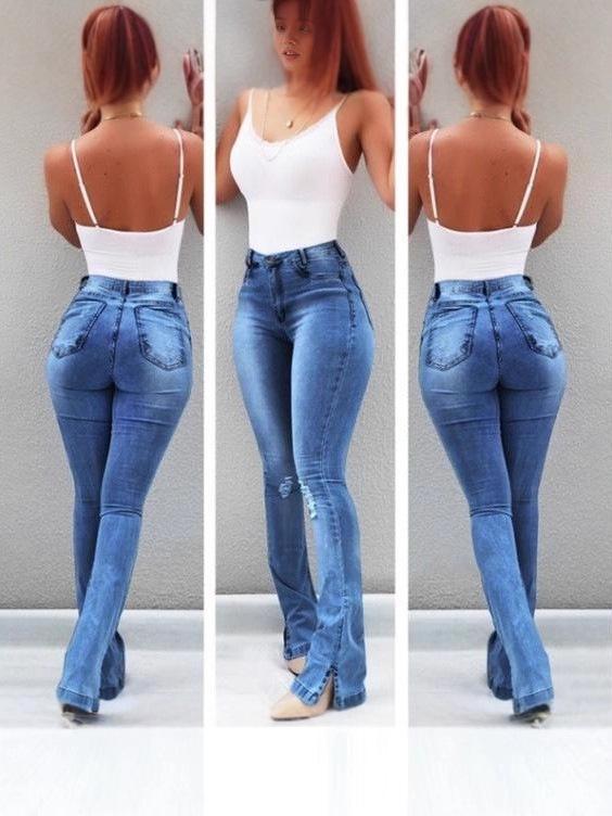 

2025 Spring Fashion Elastic Split Flare High Waist Denim Jeans Women s Long Pants S королевский синий