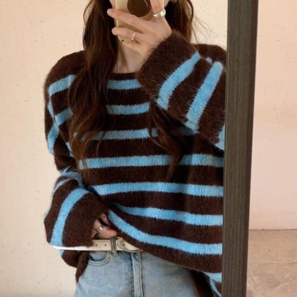 Navava Women Casual Stripe Color Block Round Neck Long Sleeve Knit Sweater Nk342