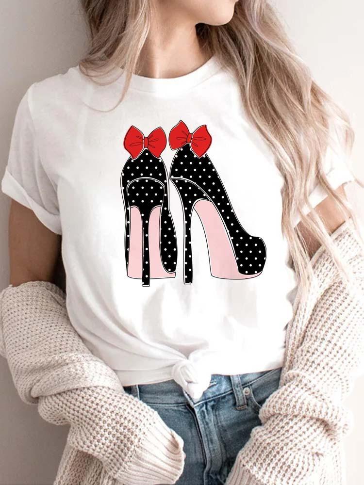 Modisches bedrucktes High-Heel-T-Shirt für Damen Modisches weißes Kurzarm-T-Shirt mit Schleifendesign Lässiges Home-Top für Mädchen