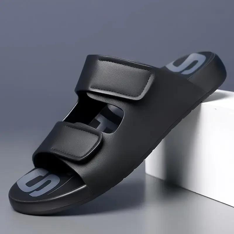 Summer Fashion Leather Slippers for Men Outdoor Beach Men's Sandals Designer New Hollow Soft Soled Slip-on Flip Flops Shoes Male