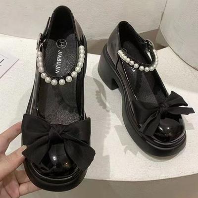 Fashion Classic Round-Toe Mary Jane Pumps French Style Butterfly Knot with Pearl Embellishments and Thick Sole Solid Colors Versatile