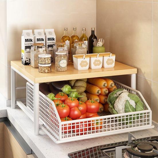 Kitchen Countertop Organizer Storage Shelf with Wire Basket Drawer Double-Tier Space-Saving Rack for Coffee Maker Spices Vegetables Fruits