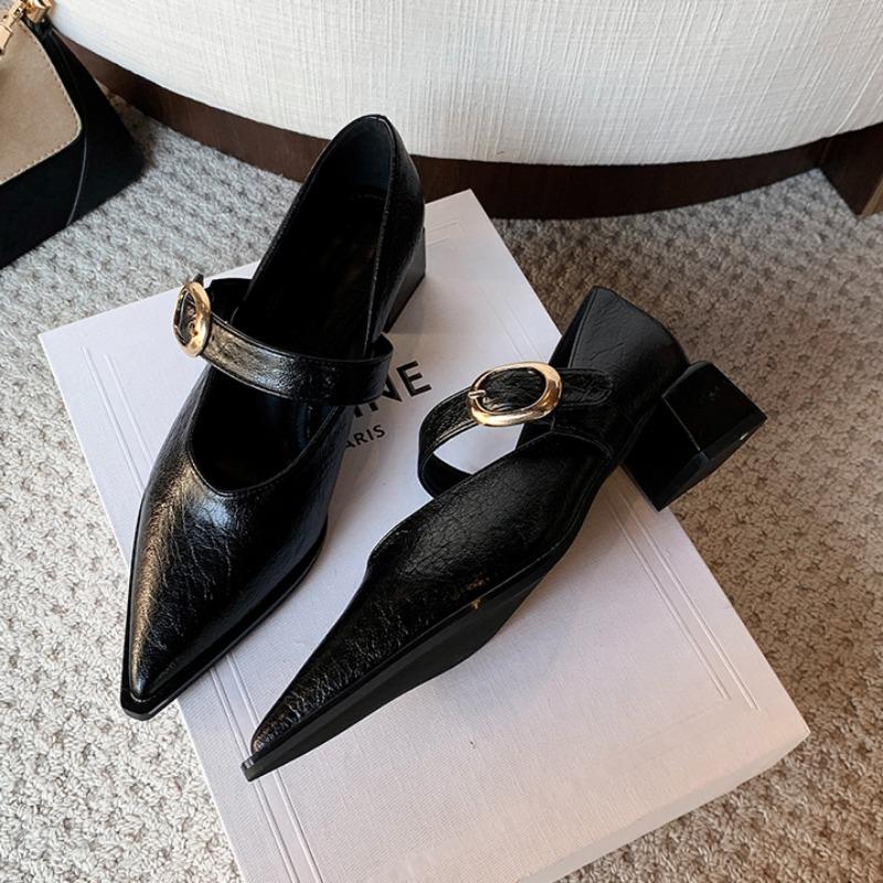 Fashion Spring New Low Heel Shoes Women's Pointed Head Shallow Mouth Metal Buckle Soft Sole Non-slip Low Top Shoes