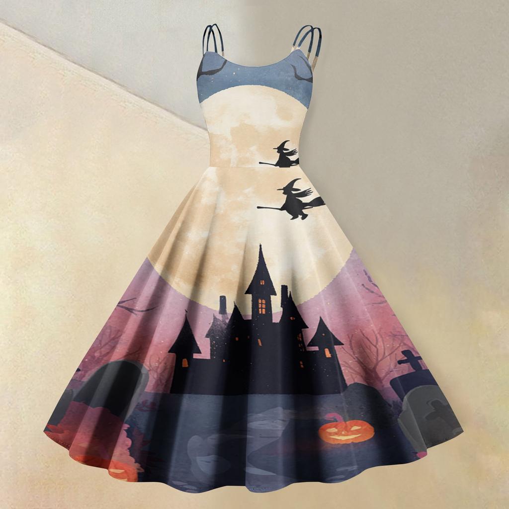 Women's Sleeveless Casual Dress Halloween Print Round Neck Vintage Style Swing Dress with Adjustable Straps for Everyday Wear